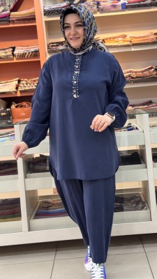 Düğme Detaylı Kolu Lastikli Takım Lacivert/14422 - Thumbnail