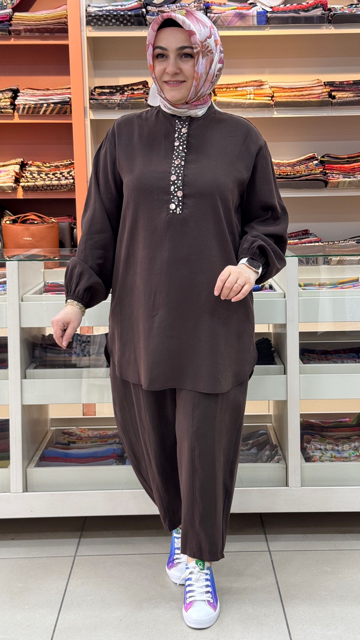 Puane - Düğme Detaylı Kolu Lastikli Takım Kahverengi/14422