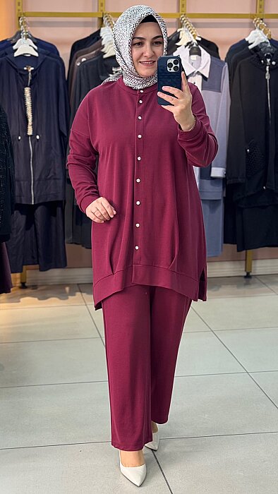 Düğme Detaylı Takım Bordo/257634  - 3
