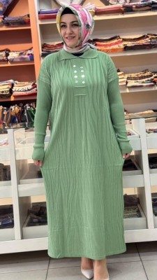 Düğme Detaylı Triko Elbise Yeşil/241440 - Thumbnail