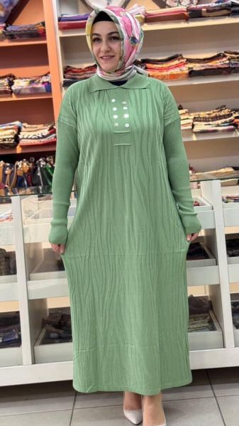 Düğme Detaylı Triko Elbise Yeşil/241440