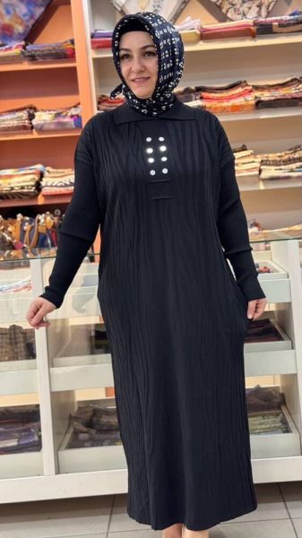 Düğme Detaylı Triko Elbise Siyah/241440