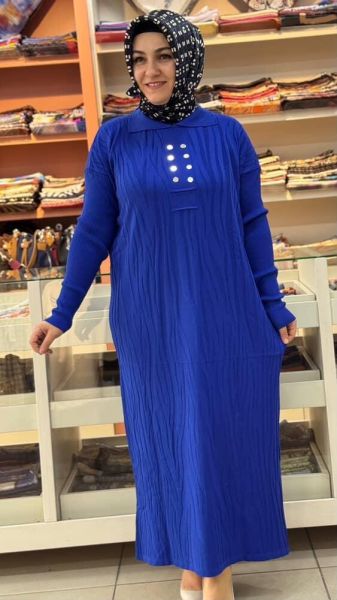 Düğme Detaylı Triko Elbise Saks/241440