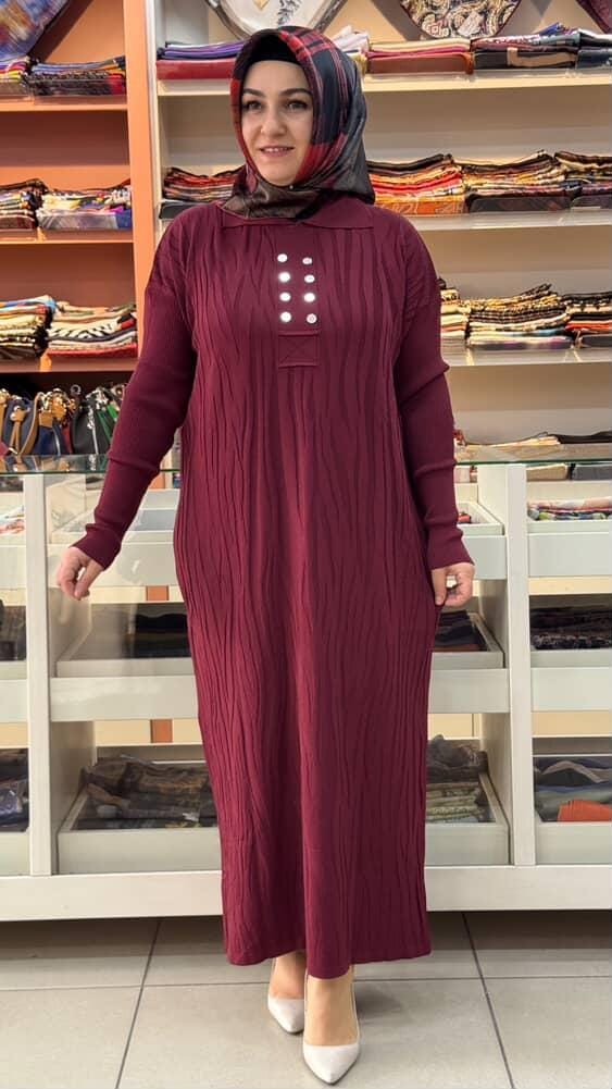  - Düğme Detaylı Triko Elbise Bordo/241440