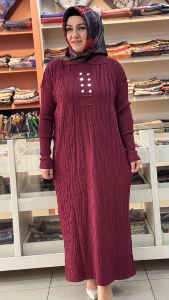 Düğme Detaylı Triko Elbise Bordo/241440