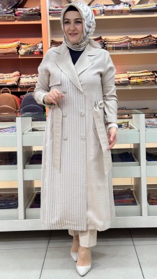 Düğme Ve Çizgi Detaylı Beli Kuşaklı Kap Taş/70741 - Thumbnail