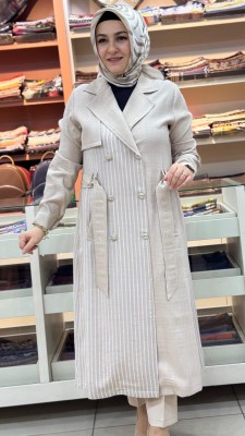 Düğme Ve Çizgi Detaylı Beli Kuşaklı Kap Taş/70741 - Thumbnail