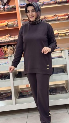 Düğme Ve Dikiş Detaylı Takım Acı Kahve/1628 - Thumbnail