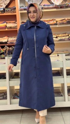 Düğme Ve İp Detaylı Trençkot İndigo/594 - Thumbnail