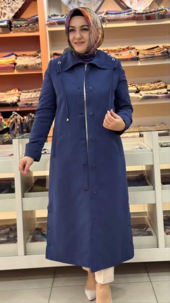 Düğme Ve İp Detaylı Trençkot İndigo/594