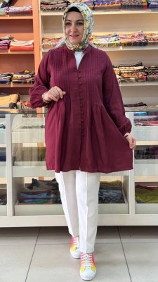 TRN - Düğme Ve Önü Pileli Tunik Bordo/2580