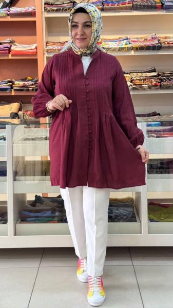 Düğme Ve Önü Pileli Tunik Bordo/2580