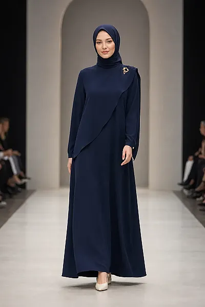 Omzu Pelerinli Broş Detaylı Elbise Lacivert/2613526 