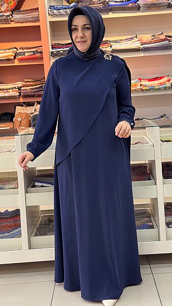 Omzu Pelerinli Broş Detaylı Elbise Lacivert/2613526 