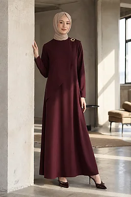 Esswap - Omzu Pelerinli Broş Detaylı Elbise Bordo/2613526