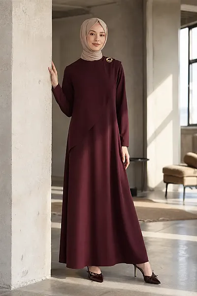 Omzu Pelerinli Broş Detaylı Elbise Bordo/2613526