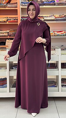 Omzu Pelerinli Broş Detaylı Elbise Bordo/2613526 - Thumbnail