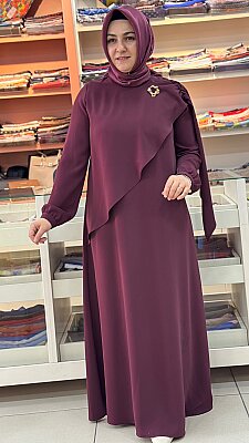 Omzu Pelerinli Broş Detaylı Elbise Bordo/2613526 - Thumbnail