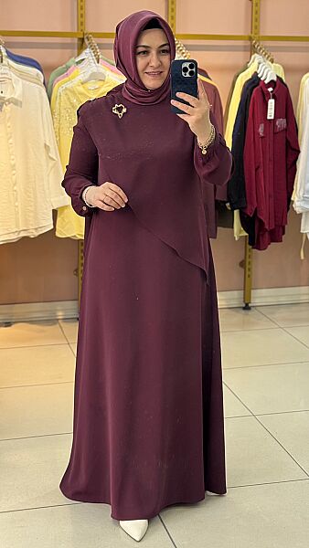 Omzu Pelerinli Broş Detaylı Elbise Bordo/2613526