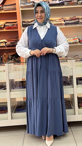 Eteği Fırfırlı Beli Bağlamalı Elbise Mavi/2058 