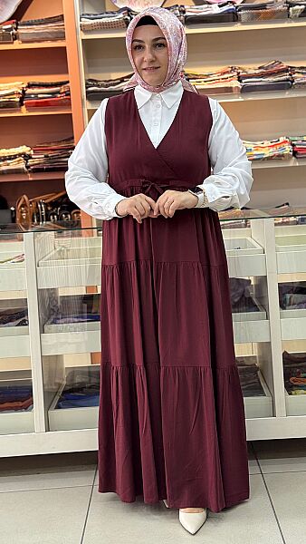 Eteği Fırfırlı Beli Bağlamalı Elbise Bordo/2058