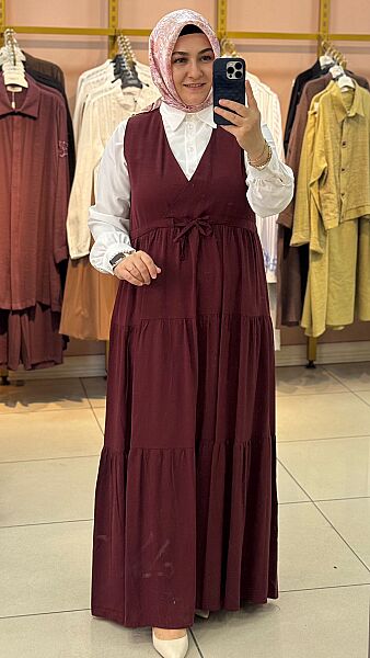 Eteği Fırfırlı Beli Bağlamalı Elbise Bordo/2058