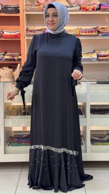 Janset - Etek Ucu Boncuk Çakmalı Beli Bağlamalı Saten Elbise Siyah/83930