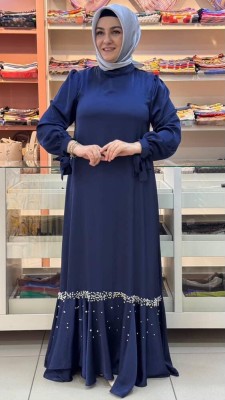 Janset - Etek Ucu Boncuk Çakmalı Beli Bağlamalı Saten Elbise Lacivert/83930
