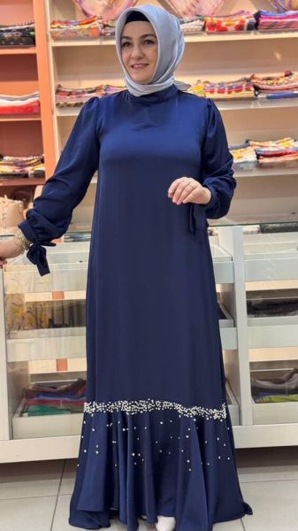 Etek Ucu Boncuk Çakmalı Beli Bağlamalı Saten Elbise Lacivert/83930