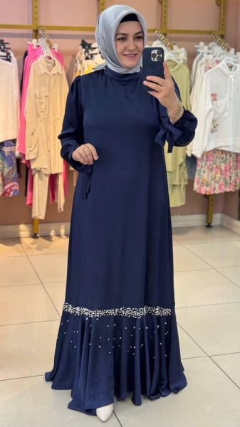 Etek Ucu Boncuk Çakmalı Beli Bağlamalı Saten Elbise Lacivert/83930