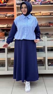 Aynaz - Etek Ucu Büzgü Detaylı Önü Pullu Çizgili Takım Mavi/120381