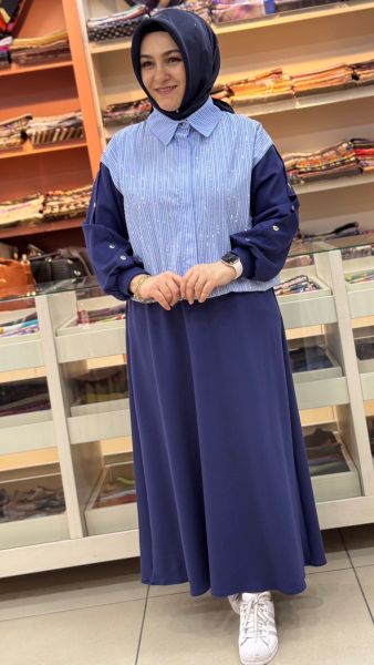 Etek Ucu Büzgü Detaylı Önü Pullu Çizgili Takım Mavi/120381