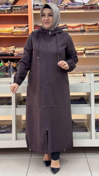 Etek Ucu Büzgülü Kapşonlu Süet Kap Acı Kahve/5901