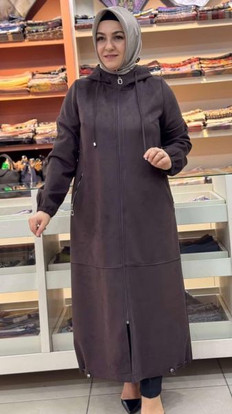 Etek Ucu Büzgülü Kapşonlu Süet Kap Acı Kahve/5901