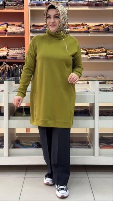 Kado - Etek Ucu Çıt Çıt Detaylı Tunik Yağ Yeşili/257668