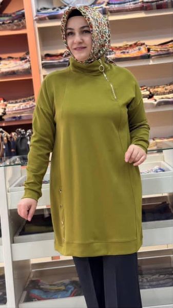Etek Ucu Çıt Çıt Detaylı Tunik Yağ Yeşili/257668