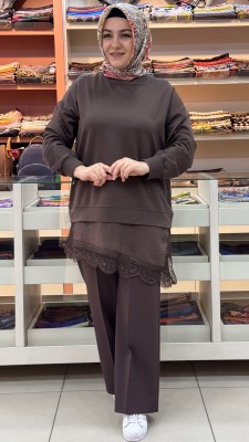 Puane - Etek Ucu Dantel Detaylı Tunik Kahve/10766