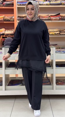 Etek Ucu Dantel Detaylı Tunik Siyah/10766 - Thumbnail