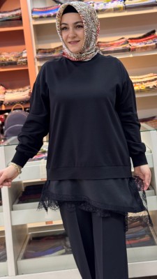 Etek Ucu Dantel Detaylı Tunik Siyah/10766 - Thumbnail