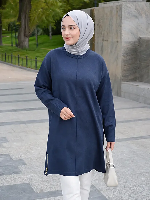 Etek Ucu Fermuar Detaylı Merserize Triko Tunik Lacivert/2725013   