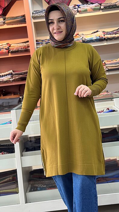 Etek Ucu Fermuar Detaylı Merserize Triko Tunik Yağ Yeşili/2725013 - 2