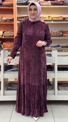 Etek Ucu Fırfırlı Beli Bağlamalı Cupra Elbise Bordo/26307 - Thumbnail