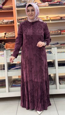 Etek Ucu Fırfırlı Beli Bağlamalı Cupra Elbise Bordo/26307 - Thumbnail