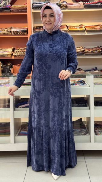 Etek Ucu Fırfırlı Beli Bağlamalı Cupra Elbise İndigo/26307