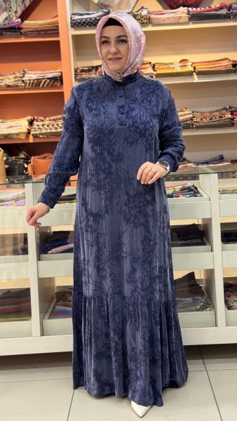 Etek Ucu Fırfırlı Beli Bağlamalı Cupra Elbise İndigo/26307