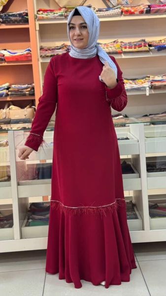 Etek Ucu Kolları Tüy Detaylı Abiye Kırmızı/82031