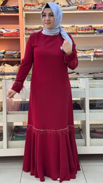Etek Ucu Kolları Tüy Detaylı Abiye Kırmızı/82031