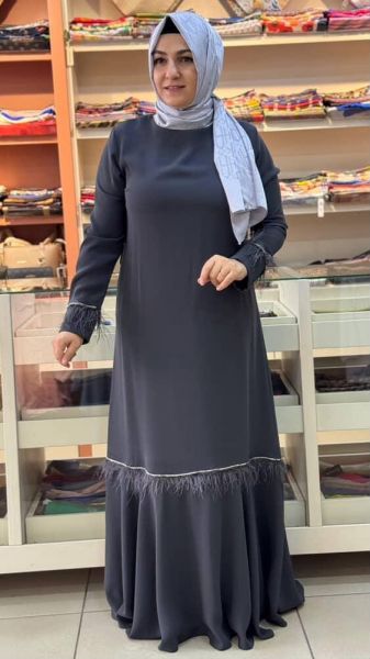Etek Ucu Kolları Tüy Detaylı Abiye Antrasit/82031