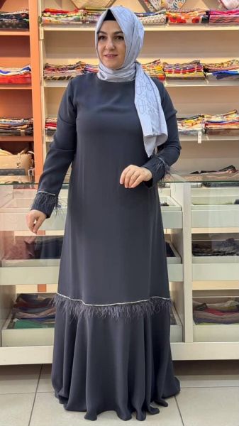 Etek Ucu Kolları Tüy Detaylı Abiye Antrasit/82031