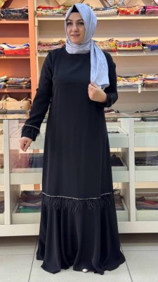 Etek Ucu Kolları Tüy Detaylı Abiye Siyah/82031 - Thumbnail